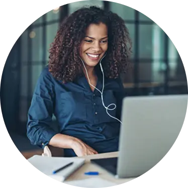 Woman on office desktop doing meeting