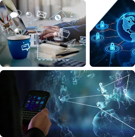 Multiple 2D UCaaS features Illutrations on screens