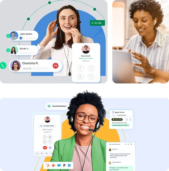Three Graphics where women talking to customers using a dialing software