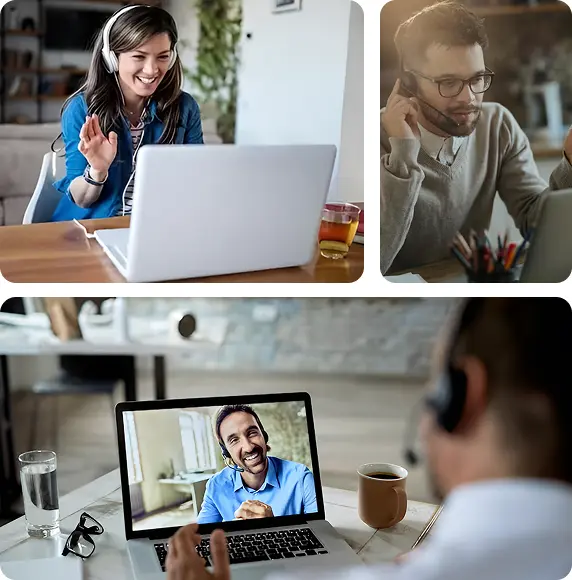 Muliple graphics of people using virtual call center software talking to customers