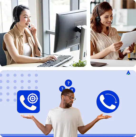 Multiple gephic showing people using call center software