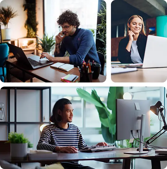 People doing online meetings in their workspaces