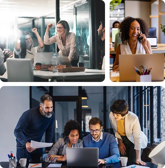 Multiple people collaobrating in different images On UCaaS solutions
