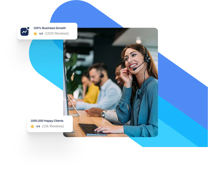 Women talking on call in a call center with people in background
