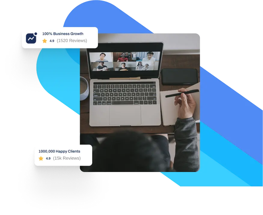 Laptop on desk With Online Meeting Software interface where people are meeting